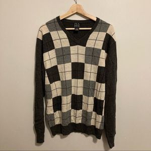 Jos A Bank Plaid Checkered Print White Gray Wool Blend Sweater Size Large